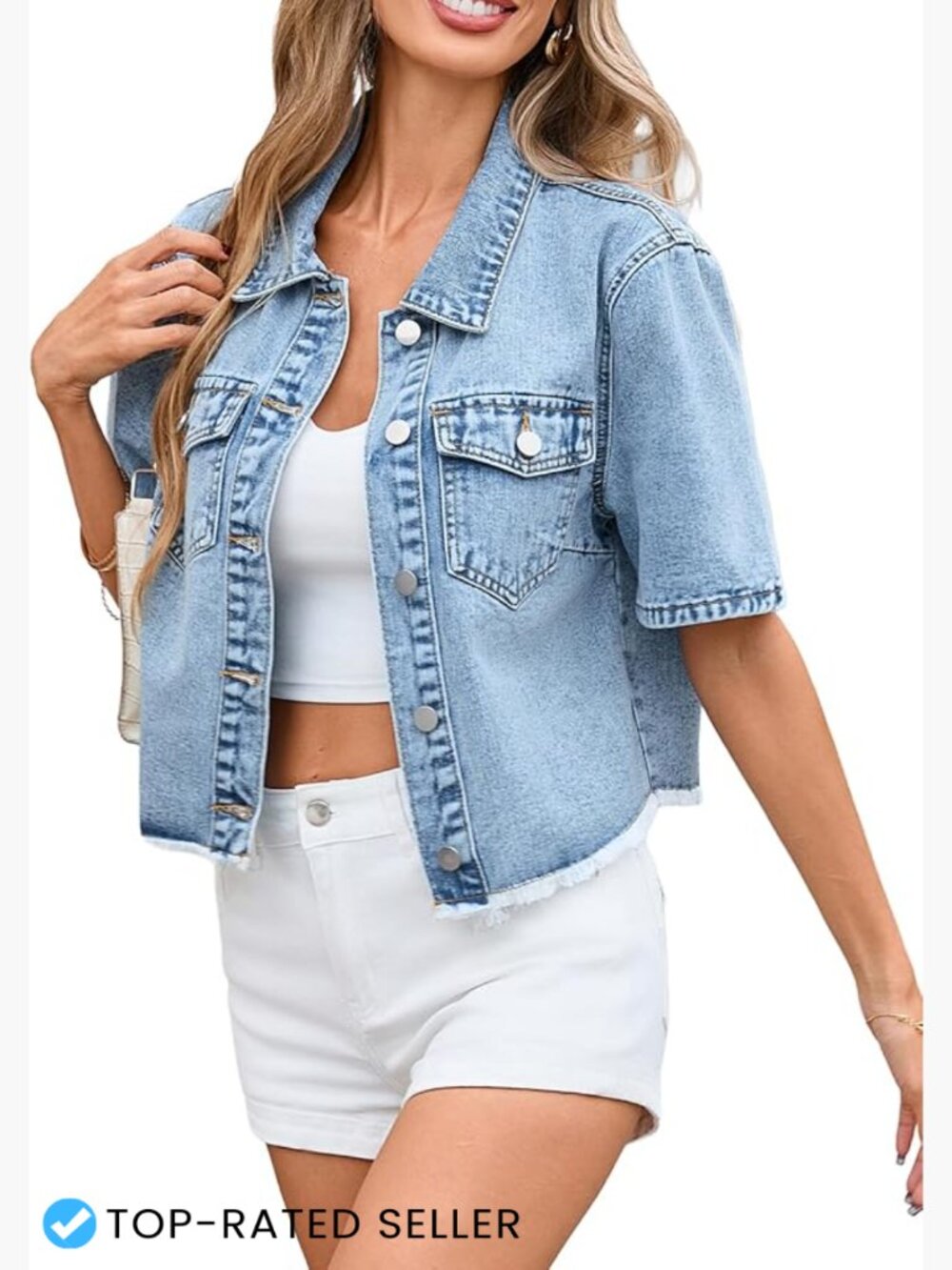 Cropped Jean Jacket Women Short Sleeve Frayed Hem Casual Summer Denim Jacket